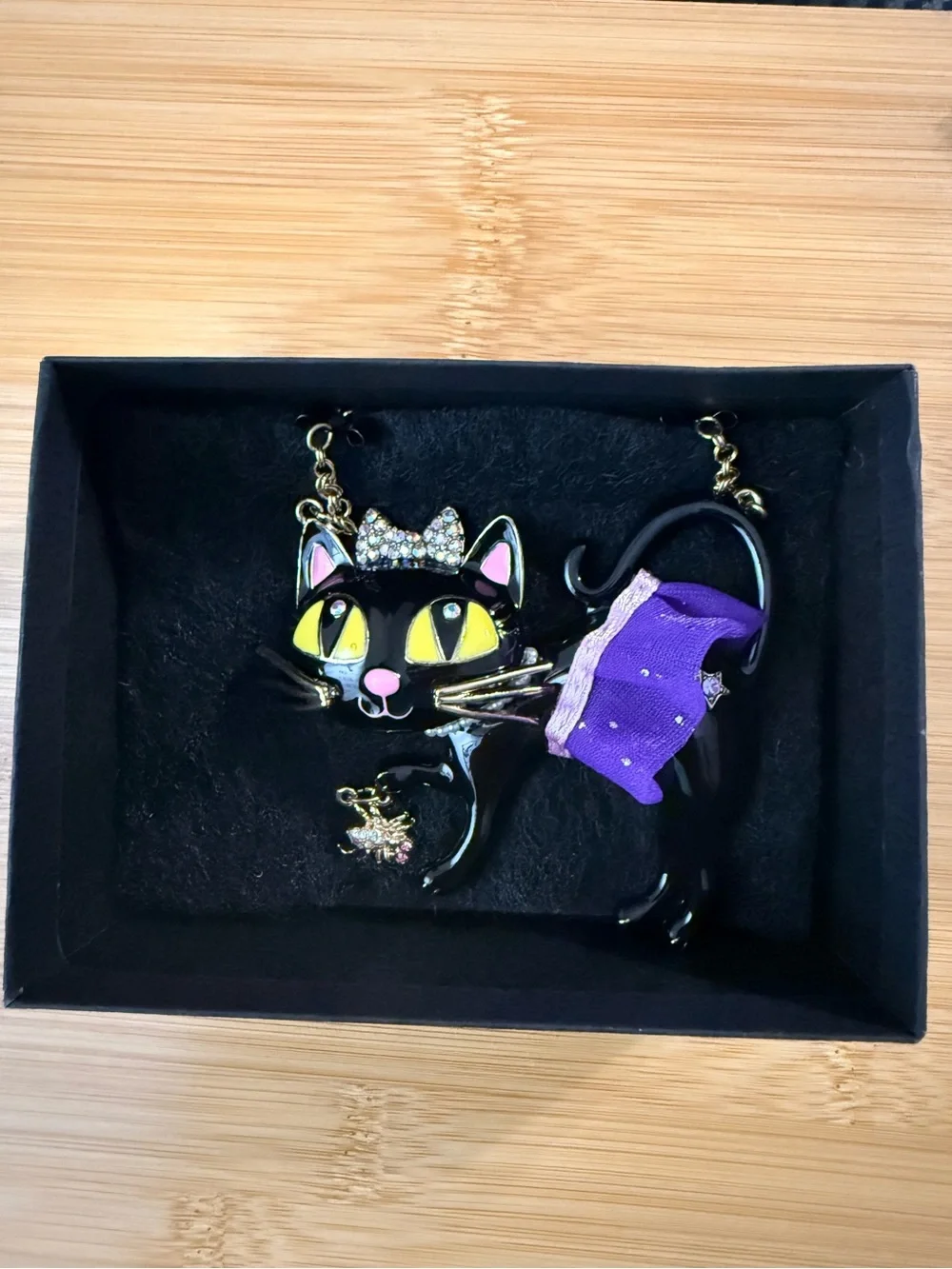 Betsey Johnson Black Cat Necklace with Purple Skirt & Yellow Eyes